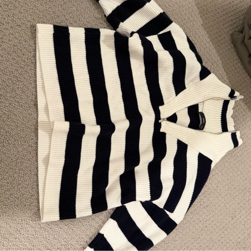 Mango Black and White Striped V-Neck Sweater